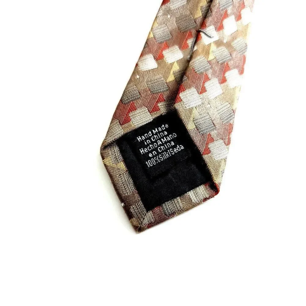 Van Heusen Brown Tan Red Woven Geometric Stain Resistant Silk Tie‎